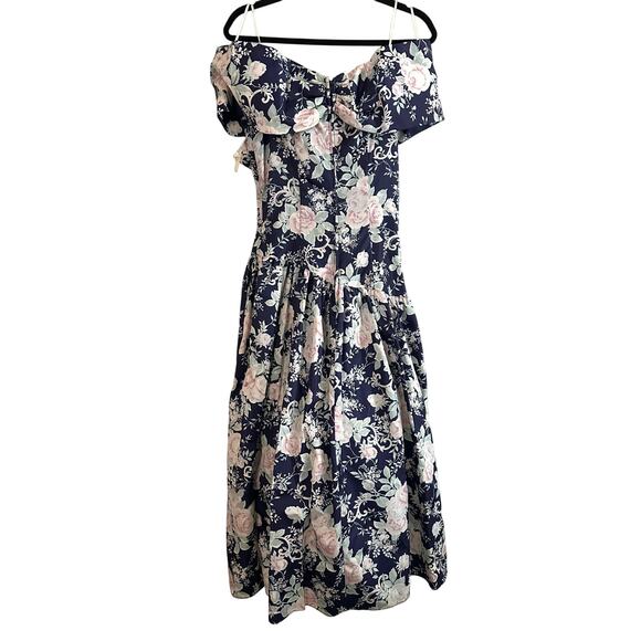 JESSICA McCLINTOCK Vintage 80s Floral Off-Shoulder Asymmetrical Waist Dress 10 - Picture 5 of 8